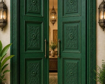 Emerald Green Hand Carved Double Door, Solid Teak Entry Door, Luxury Wooden Front Door, Farmhouse Entrance Door, Custom Interior Door