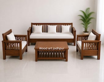 Solid Wood Sofa Set with White Cushions, 3 Seater Sofa Set, Living Room Furniture Set, Handmade Wooden Couch Set