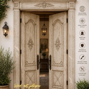 Antique Farmhouse Double Entry Door, Distressed Solid Wood Front Door, Hand Carved Rustic Villa Entrance, Custom Door