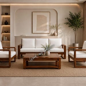 Modern Luxury Solid Wood Sofa Set with White Cushions, Handcrafted Living Room Furniture Set, Coffee Table, Contemporary Home Decor