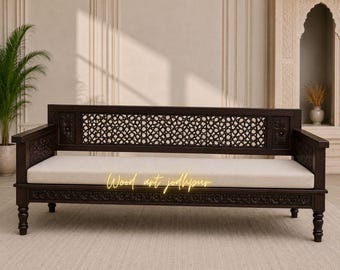 Hand Carved Wooden Bench, Luxury Teak Wood Bench, Moroccan Style Entryway Bench, Farmhouse Hallway Bench, Living Room Seating