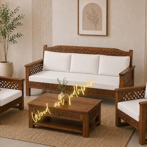 Hand Carved Solid Wood Sofa Set with White Cushions | Wooden Jali Sofa Set | Handmade Living Room Furniture | Traditional Carved Sofa Set