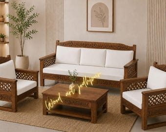 Hand Carved Solid Wood Sofa Set with White Cushions | Wooden Jali Sofa Set | Handmade Living Room Furniture | Traditional Carved Sofa Set