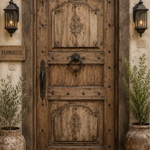 Könnte beinhalten: Eine verwitterte Holztür mit kunstvollen Schnitzereien und einem großen Metallringgriff. Die Tür wird von einer rustikalen Holzkonstruktion umrahmt, mit einem Schild mit der Aufschrift "FARMHOUSE". Der Text "Wood art jodhpur" befindet sich über der Tür. Zwei Laternen flankieren die Tür.