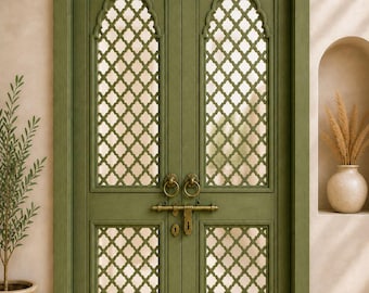 Hand Carved Wooden Double Door, Open Jali Jharokha Style, Rajasthani Green Entry Door, Lattice Panel Door, Solid Wood Interior Exterior Door