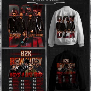Może przedstawiać: Obraz przedstawia białą i czarną kurtkę typu bomber oraz plakat z napisem "BOYS 4 LIFE TOUR B2K". Plakat i kurtka zawierają zdjęcia członków zespołu. Plakat zawiera również daty trasy koncertowej.