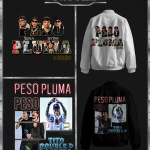 Könnte beinhalten: Zwei Bomberjacken, eine weiße und eine schwarze, mit Peso Pluma-Designs. Die weiße Jacke zeigt eine Gruppe von Personen und den Text "Peso Pluma & Friends". Die schwarze Jacke zeigt Bilder von Peso Pluma und Tito Double P.
