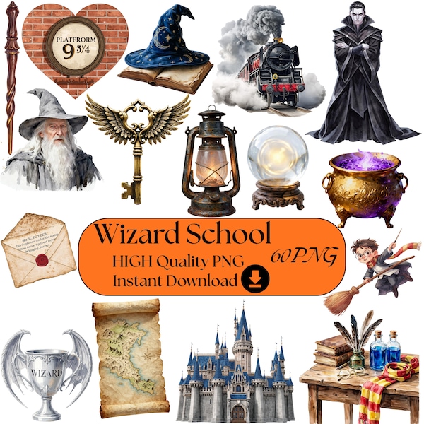60 Watercolor Wizard School Clipart PNG bundle,Magic School Clipart,Wizard World,Transparent Clipart Bundle,Printable Images,png for Tshirt