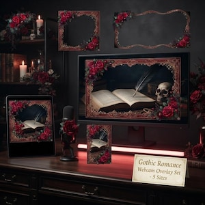 May include: A digital overlay set featuring ornate red rose and dark foliage frames, including a monitor border, tablet frame, and vertical panel. The designs display an open book with a quill and a skull. A sign reads Gothic Romance Webcam Overlay Set.