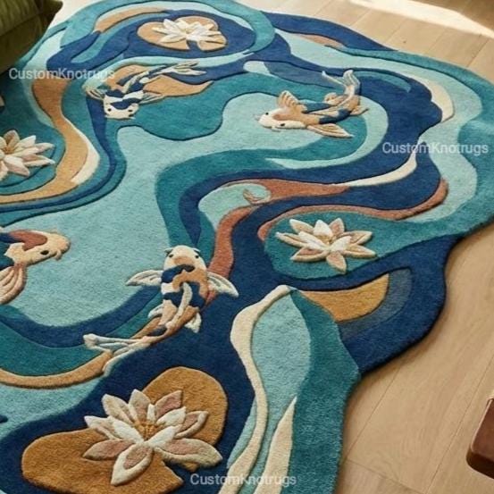 Hand Tufted Koi Fish Rug, Organic Shape Wool Area Rug, Modern Abstract ...