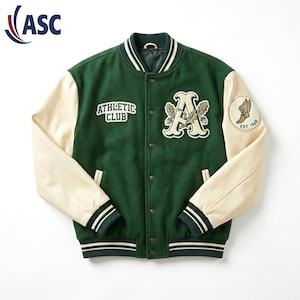 May include: A dark green varsity jacket with cream-coloured sleeves, featuring a snap-button front, striped ribbed collar, cuffs, and hem. The chest displays an embroidered 'ATHLETIC CLUB' text and a large letter 'A' with oak leaves and acorns.