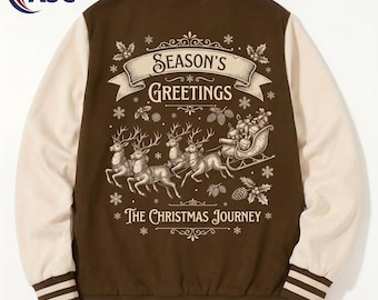 Vintage Christmas Varsity Jacket, Reindeer Sleigh Letterman Jacket, Brown Cream Holiday Bomber Coat