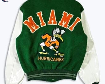 Men’s Green Varsity Jacket | Miami Hurricanes Style Letterman Jacket