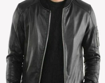 Men’s Black Leather Bomber Jacket | Slim Fit Casual Jacket