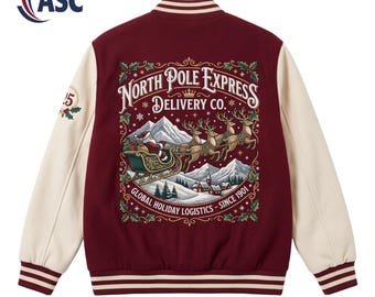 North Pole Express Varsity Jacket, Vintage Christmas Reindeer Letterman Coat,