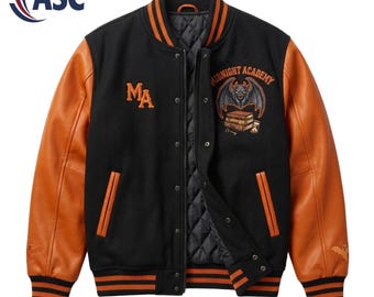 Midnight Academy Varsity Jacket, Gargoyle Leather Sleeve Letterman Jacket, Dark Academia Halloween Bomber Coat