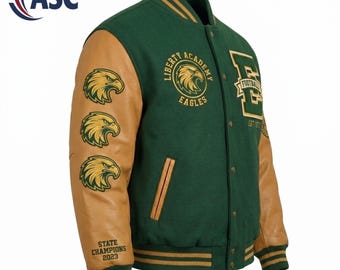 Custom Eagles Varsity Jacket, Liberty Academy Wool Leather Letterman Jacket
