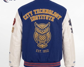 Custom Tech Institute Owl Varsity Jacket, Leather Wool Letterman Jacket