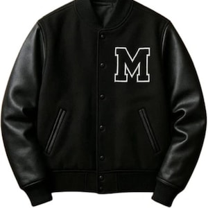 Men’s Black Varsity Jacket with Letter Patch – Leather Sleeve Letterman  – Custom Initial Jacket