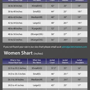 May include: A size chart for men and women, with measurements in inches. The chart includes chest, sleeve, and shoulder sizes for jackets. The text at the top says "Men Size Chart (inches)" and "Women Shart (inches)".