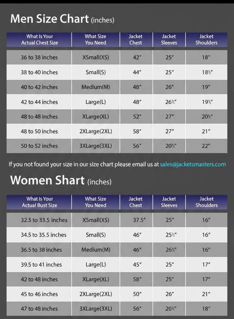 May include: A size chart for men and women, with measurements in inches. The chart includes chest, sleeve, and shoulder sizes for jackets. The text at the top says "Men Size Chart (inches)" and "Women Shart (inches)".