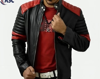 Men’s Black & Red Leather Biker Jacket | Quilted Shoulder Motorcycle Jacket,
