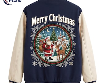 Vintage Merry Christmas Varsity Jacket, Santa Claus Reindeer Letterman Coat