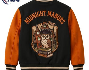 Midnight Manors Varsity Jacket, Halloween Owl Letterman Jacket, Dark Academia Orange Black Bomber Coat