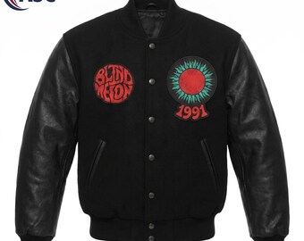 Men's Black Varsity Jacket – Blind Melon Graphic Print Leather Letterman