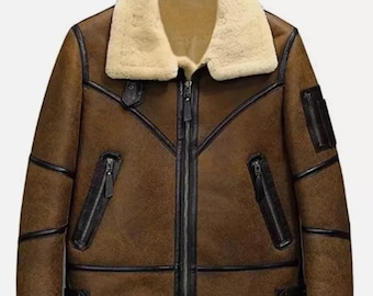 Men’s Brown Shearling Aviator Jacket | Vintage B3 Flight Jacket, Faux Fur Collar Leather Coat