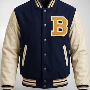Custom Letterman Varsity Jacket Men | Navy & Cream Bomber Jacket | Initial “B” Patch