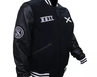 Men’s Black Varsity Jacket | Letterman Bomber Jacket with Leather Sleeves