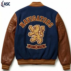 Vintage Varsity Leather Jacket Men| Navy Wool Embroidered Lion Back Patch Bomber