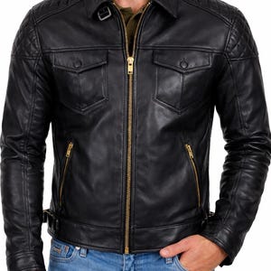 Men’s Black Leather Biker Jacket – Quilted Shoulder Motorcycle Jacket, Slim Fit Vintage Style