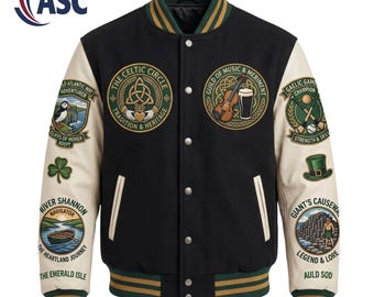 Vintage Celtic Patch Varsity Jacket, Irish Heritage Leather & Wool Letterman Jacket