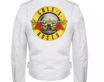 Men’s White Leather Biker Jacket |  Guns N Roses Style Moto Jacket