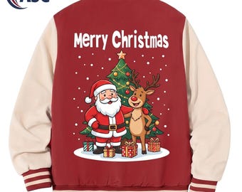 Merry Christmas Varsity Jacket, Santa Claus Reindeer Letterman Coat, Red Cream Holiday Bomber Jacket