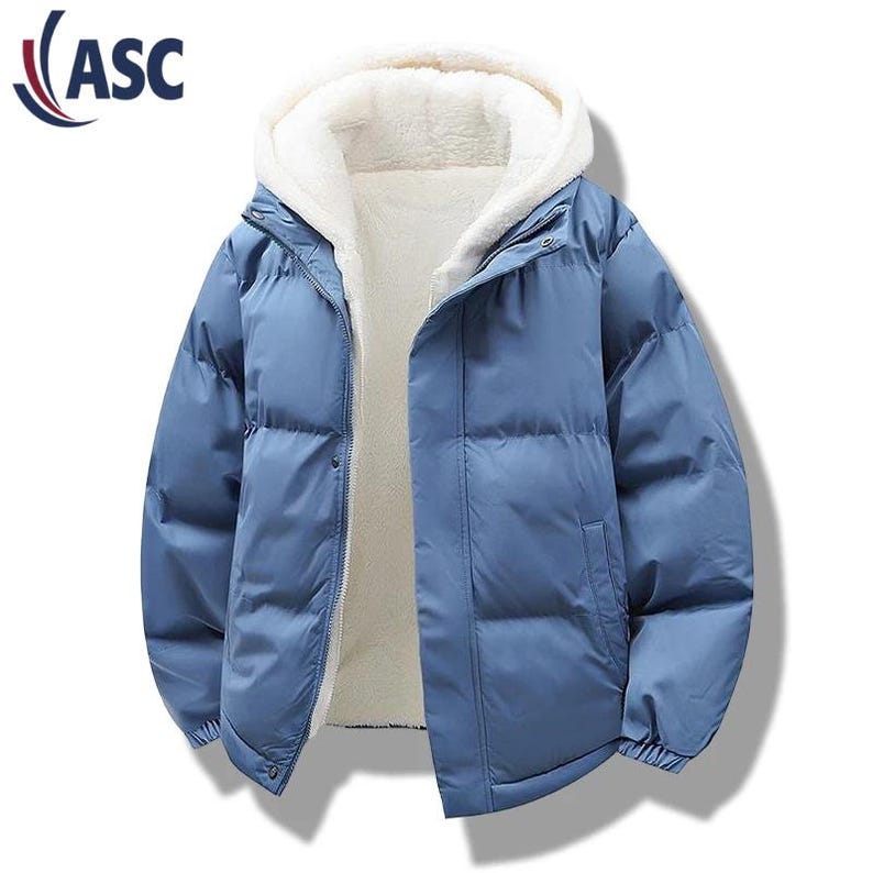 May include: A blue puffer jacket with a white, fluffy, hooded lining. The jacket has a zipper closure and is designed for warmth. The logo "ASC" is visible in the upper left corner. This winter coat is suitable for cold weather.