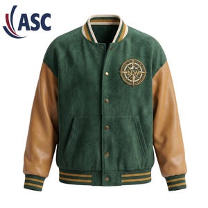Green Suede Varsity Jacket | NW Compass Embroidered Letterman Bomber
