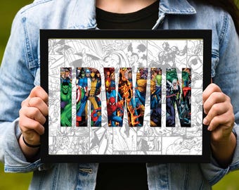 Arte personalizado con nombre de superhéroe, lámina personalizada para pared, descarga digital, arte con letras inspirado en superhéroes, collage de nombres
