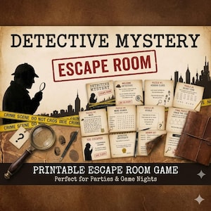 May include: A printable detective mystery escape room game kit featuring a silhouette of a detective, yellow crime scene tape, a magnifying glass, a black pen, and a brown leather-bound notebook. The game includes various puzzle cards.