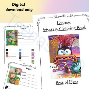 以下が含まれることがあります： 「The Best of Pixar Coloring Tracker」と題されたデジタル塗り絵トラッカー文書。ディズニー・ミステリー・カラーリング・ブックのグラフィック、キャラクターのイラスト、開始線と終了線が付いた進捗管理用のカラーコード化されたリストが記載されたページが含まれています。