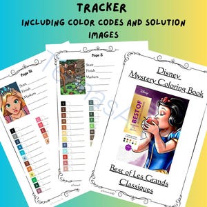Può includere: Un tracker per libro da colorare Disney Mystery con tre pagine contenenti codici colore, immagini di soluzione e illustrazioni di personaggi tra cui Raperonzolo, Bambi e Biancaneve. Il testo recita Best of Les Grands Classiques.