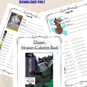 Może przedstawiać: Cyfrowy plik do pobrania Bestiare Coloring Tracker zawierający trzy strony. Strony obejmują okładkę Disney Mystery Coloring Book z szopem oraz dwa arkusze śledzenia oznaczone jako Page 32 i Page 42 z ilustracjami postaci.