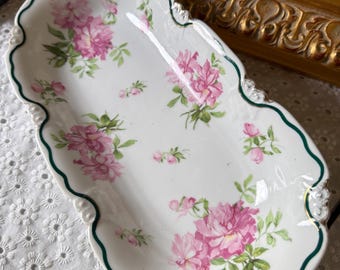 Antique Heinrich Bavaria Porcelain Tray Pink Peony Floral Teal Gold Scalloped Vanity Serving Dish