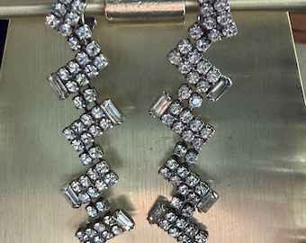 Vintage Rhinestone Drop Earrings Clip On Baguette Statement Dangle Silver Tone Mid Century Jewelry