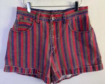 Pantaloncini di jeans vintage anni '80 a vita alta a righe "I Love Xanadu" / Taglia 11/12 / Rosso Blu Verde Tagliato / Prodotto in Bahrain / 100% Cotone