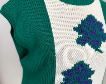 Vintage Russ Petites Sweater Vest | Green Cream Colorblock Knit | Intarsia Leaf Print | Size Large | 90s Grandmacore Cottagecore
