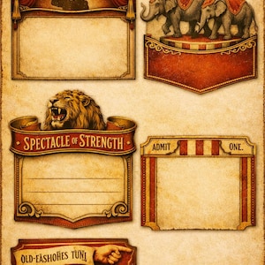 May include: Vintage-style circus-themed graphics on a textured background. Includes a lion, elephants, and a silhouette of a person tipping their hat. Text includes "Spectacle of Strength" and "Admit One."