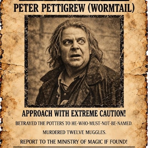 Peut inclure: Une affiche de recherche rectangulaire avec une texture de papier vieilli. Elle présente un portrait en noir et blanc d'un homme aux cheveux longs, intitulé PETER PETTIGREW (WORMTAIL). Le texte inclut APPROACH WITH EXTREME CAUTION et REWARD: 10,000 GALLEONS.